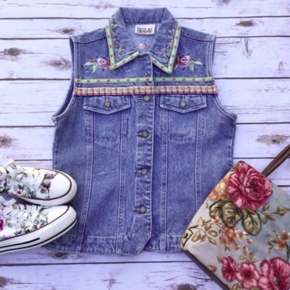 Vintage B Blass Embroidered Hippie Denim Jean Vest - Picture 1 of 6